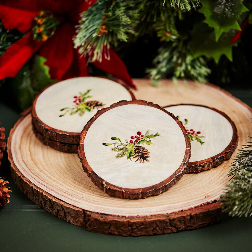 Rustic Glazed Log Slice Coaster Set of 4 With Festive Holly Design - Langs - Image 2