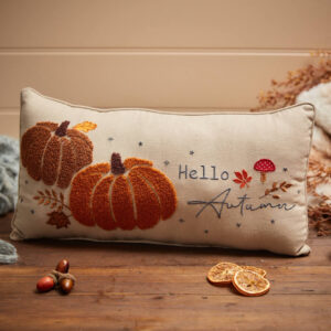 Hello Autumn Fabric Cushion With Appliqued Pumpkin and Mushroom Embroidery Detailing - Langs