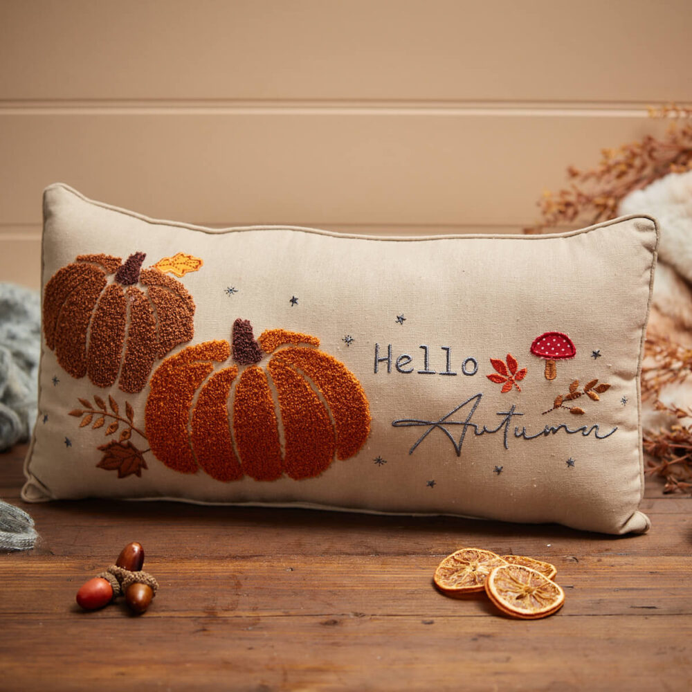 Hello Autumn Fabric Cushion With Appliqued Pumpkin and Mushroom Embroidery Detailing - Langs