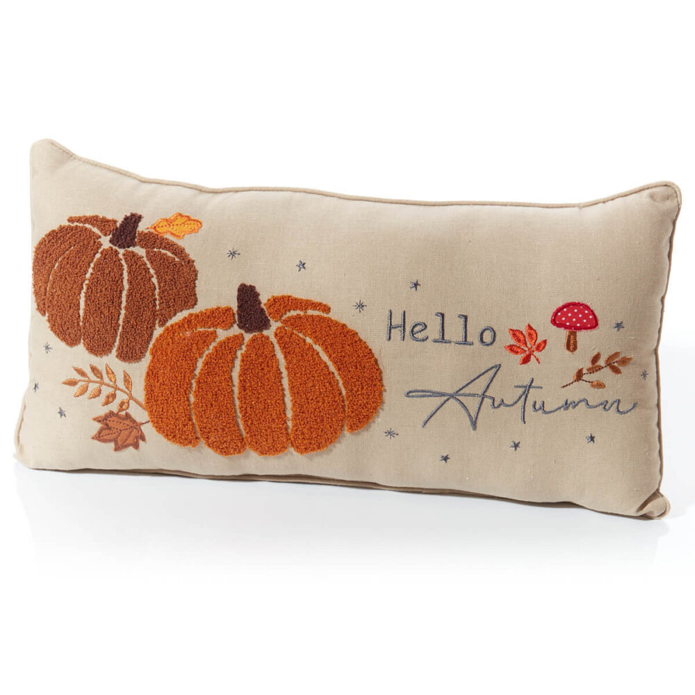 Hello Autumn Fabric Cushion With Appliqued Pumpkin and Mushroom Embroidery Detailing - Langs - Image 2