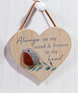 Robin 'Always on My Mind and Forever in My Heart' Wooden Pebble Heart Plaque - Langs