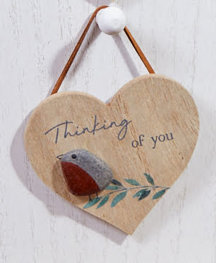 Robin 'Thinking of You' Wooden Pebble Heart Plaque - Langs
