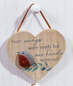 Robin 'Your Wings Were Ready But Our Hearts Were Not' Wooden Pebble Heart Plaque - Langs