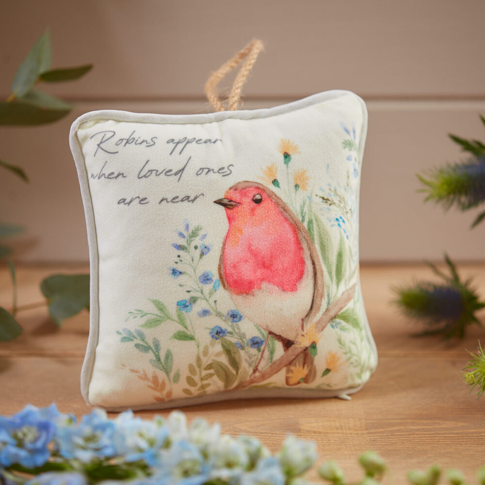 'Robins Appears When Loved Ones Are Near' Square Hanging Cushion - Langs