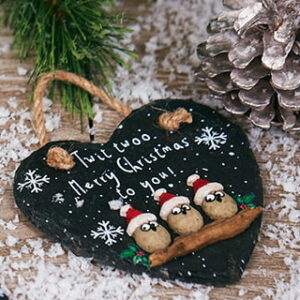 Pebble Owls 'Twit Twoo Merry Christmas To You' Christmas Slate Heart Hanging Plaque - Langs