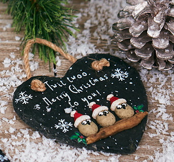 Pebble Owls 'Twit Twoo Merry Christmas To You' Christmas Slate Heart Hanging Plaque - Langs