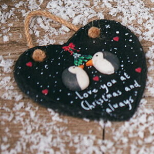 Pebble Penguins 'Love You At Christmas and Always' Christmas Slate Heart Hanging Plaque - Langs