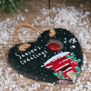 Pebble Robin 'Season's Tweetings' Christmas Slate Heart Hanging Plaque - Langs