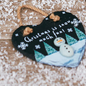 Pebble Snowman 'Christmas Is Snow Much Fun' Christmas Slate Heart Hanging Plaque - Langs