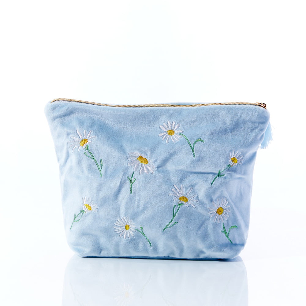 Daisy Embroidered Velour Cosmetics Pouch - Langs - Image 2