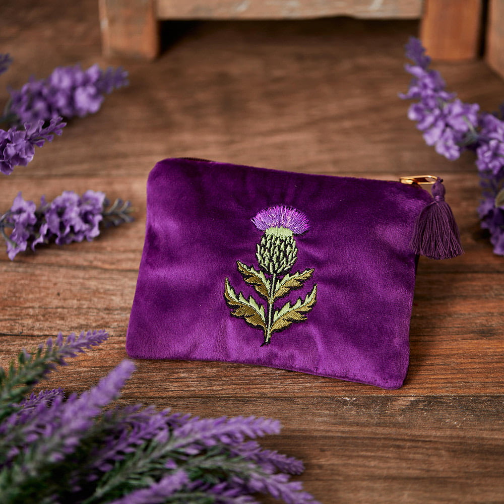 Embroidered Thistle Purple Velour Coin Purse Pouch - Langs
