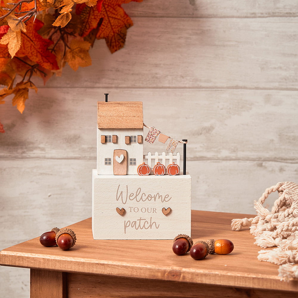 'Welcome To Our Patch' Wooden Pumpkin House Block Ornament - Langs