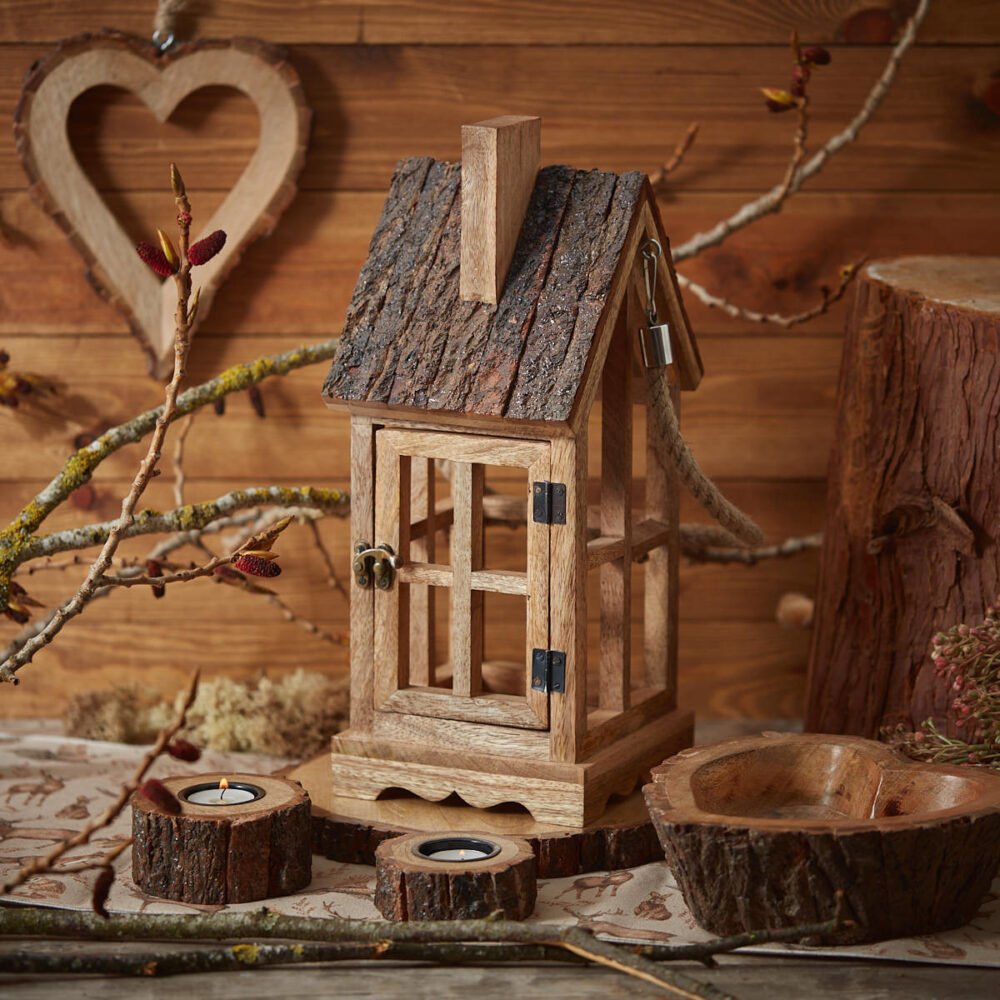 Rustic Woodland Mango Wood and Bark House Candle Holder Lantern - Langs - Image 3