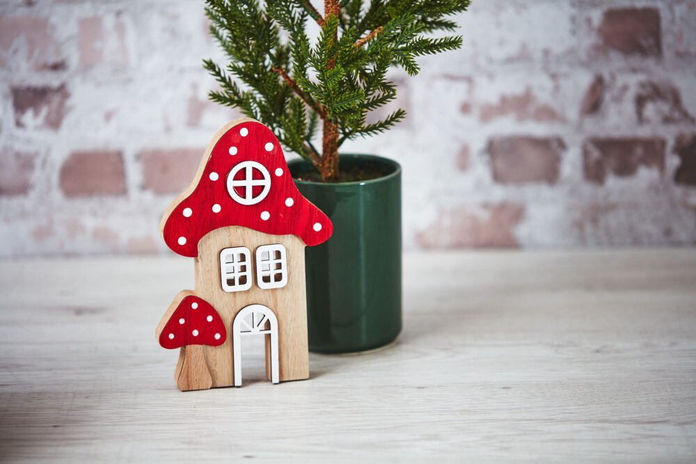 Rustic Mushroom House Wooden Cut Out Block Ornament - Langs