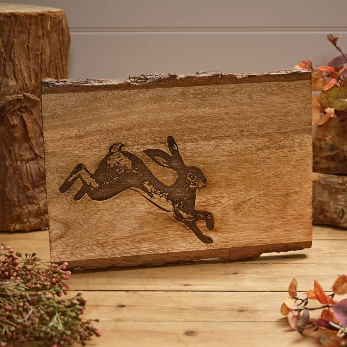 Rustic Woodland Mango Wood Board with Engraved Decorative Hare and Bark Edge - Langs