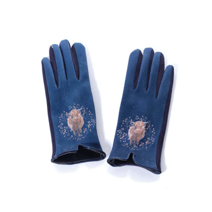 Navy Blue Highland Cow Foliage Gloves - Image 4