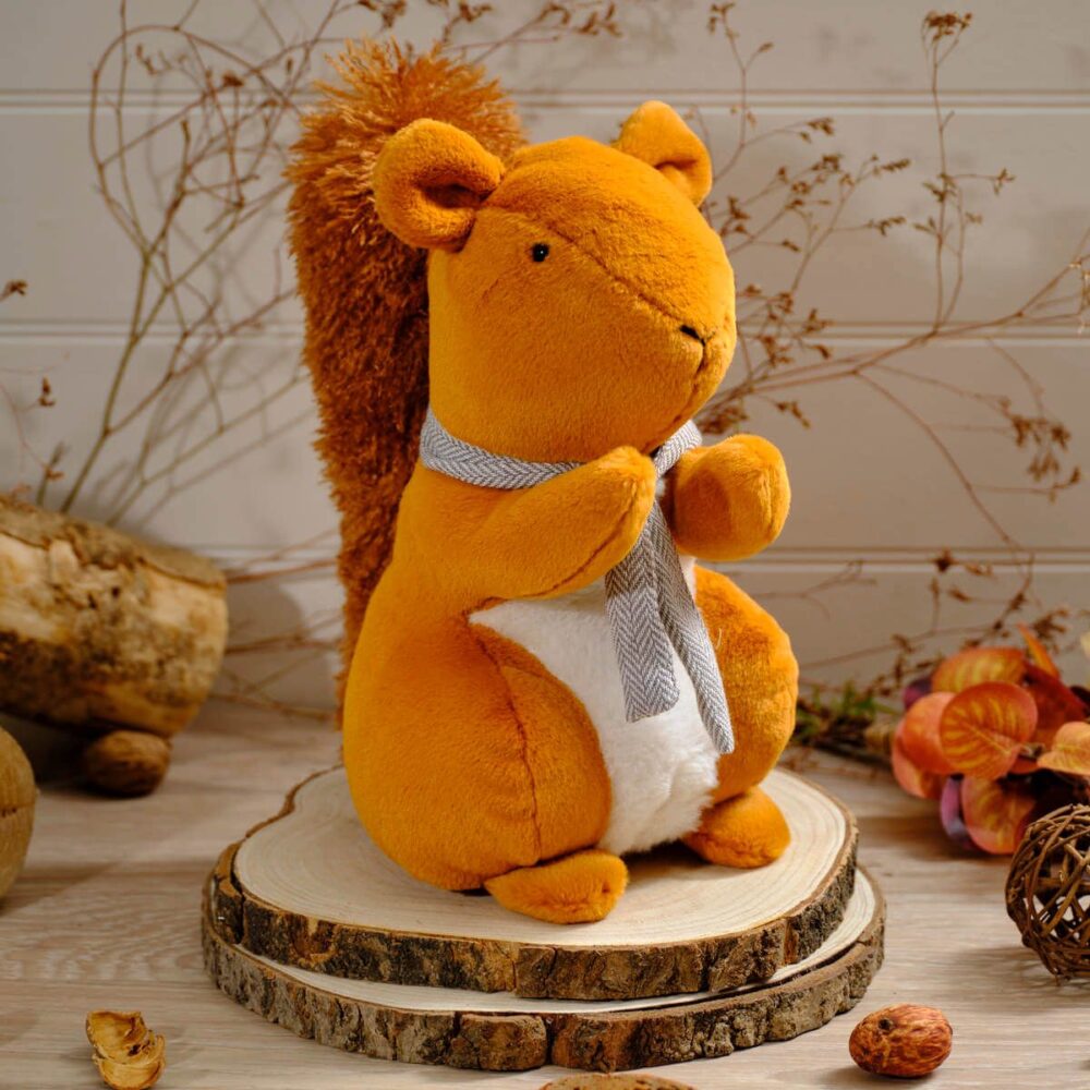 Woodland Squirrel Fabric Doorstop with Grey Scarf and Fluffy Tail - Langs