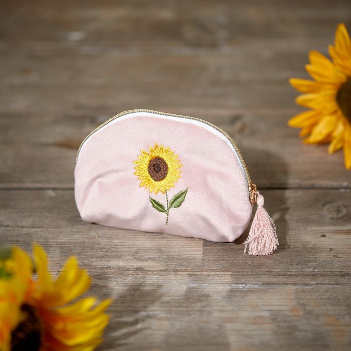 Pink Embroidered Sunflower Velour Fabric Purse with Tassel - Langs