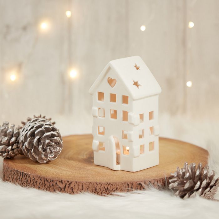 White Ceramic House-Shaped Tealight Holder - Langs
