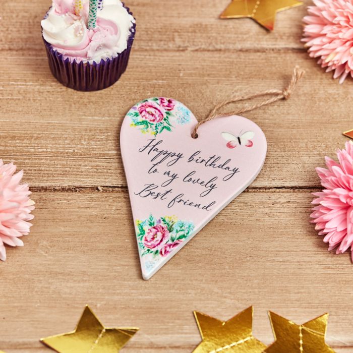 Happy Birthday To My Lovely Best Friend Pink Ceramic Hanging Heart with Floral Design - Langs
