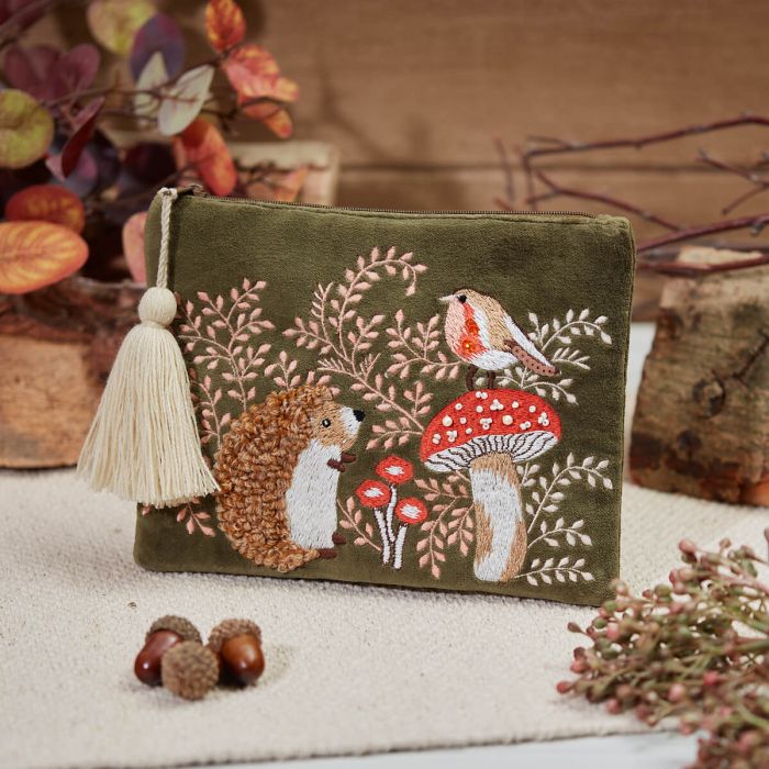 Rustic Woodland Hedgehog Robin and Toadstool Embroidered Green Velvet Make Up Bag / Pouch - Langs