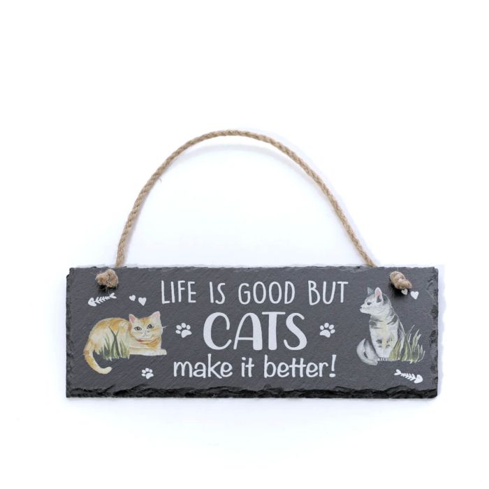 'Life Is Good But Cats Make It Better' Slate Hanging Plaque - Langs - Image 2