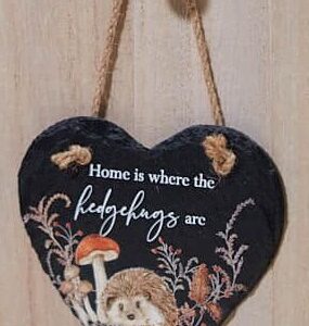 'Home is where the Hedgehugs are' Hedgehog and Mushroom Slate Heart Hanging Plaque - Langs