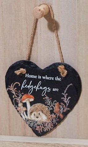 'Home is where the Hedgehugs are' Hedgehog and Mushroom Slate Heart Hanging Plaque - Langs
