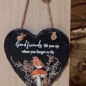 'Good Friends' Robin on Mushroom Slate Heart Hanging Plaque - Langs
