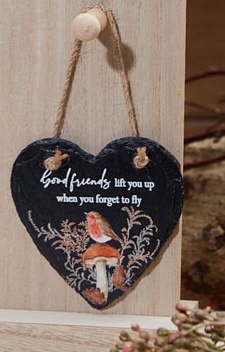'Good Friends' Robin on Mushroom Slate Heart Hanging Plaque - Langs