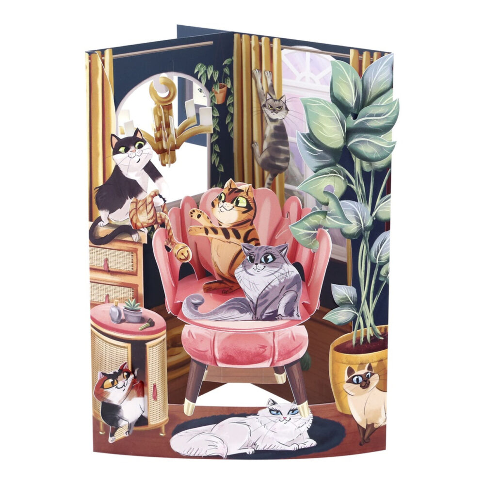 Santoro Lounging Cats 3D Pop-Up Swing Card - Greetings and Birthday Card