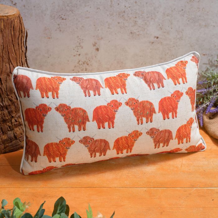 Highland Cow 'Rainbow Coo' Repeat Pattern Rectangular Cushion with Zip - Langs